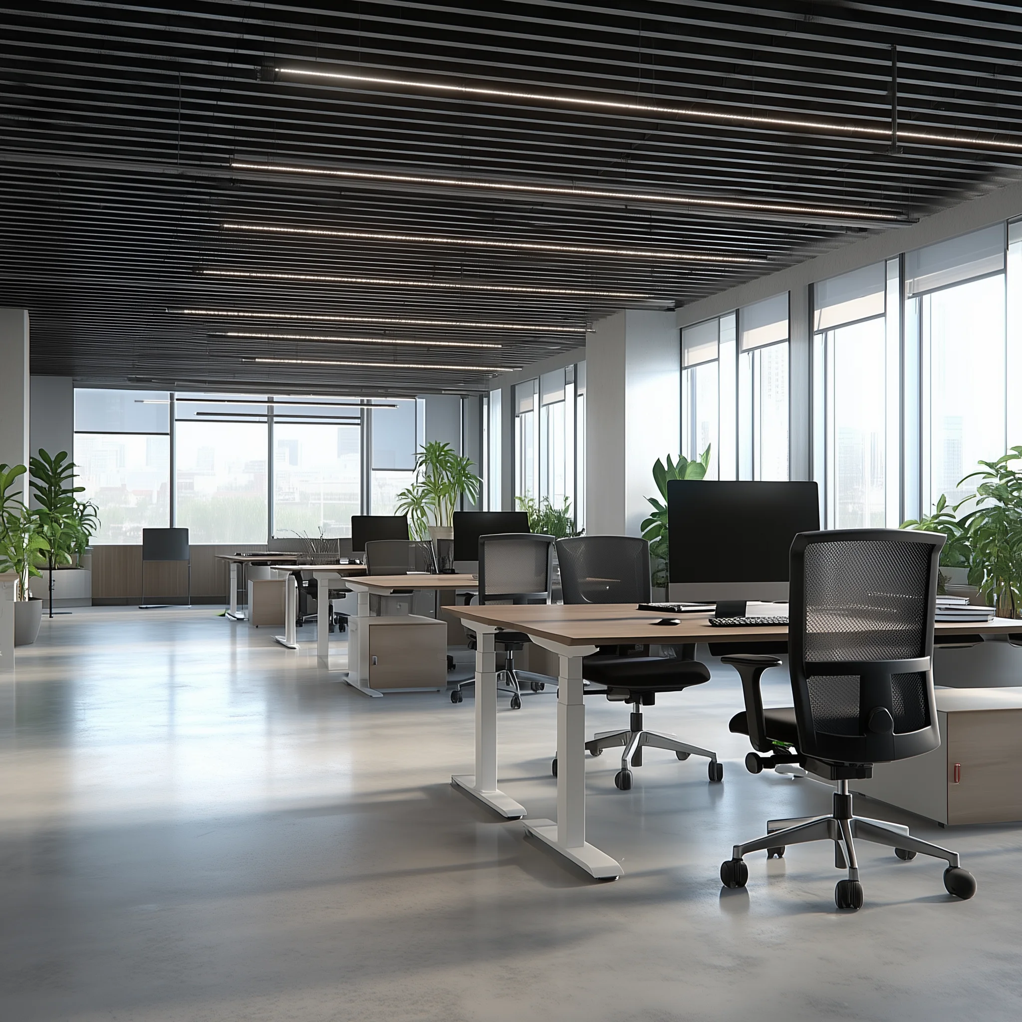 Elektrisch zit-sta bureau Professional met wit frame en licht eikenblad in moderne kantooromgeving