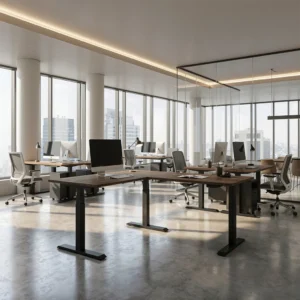 Kantoormeubilair Elektrisch zit-sta hoekbureau met zwart frame en houten blad in moderne kantooromgeving – ergonomisch elektrisch verstelbaar bureau van Second Office