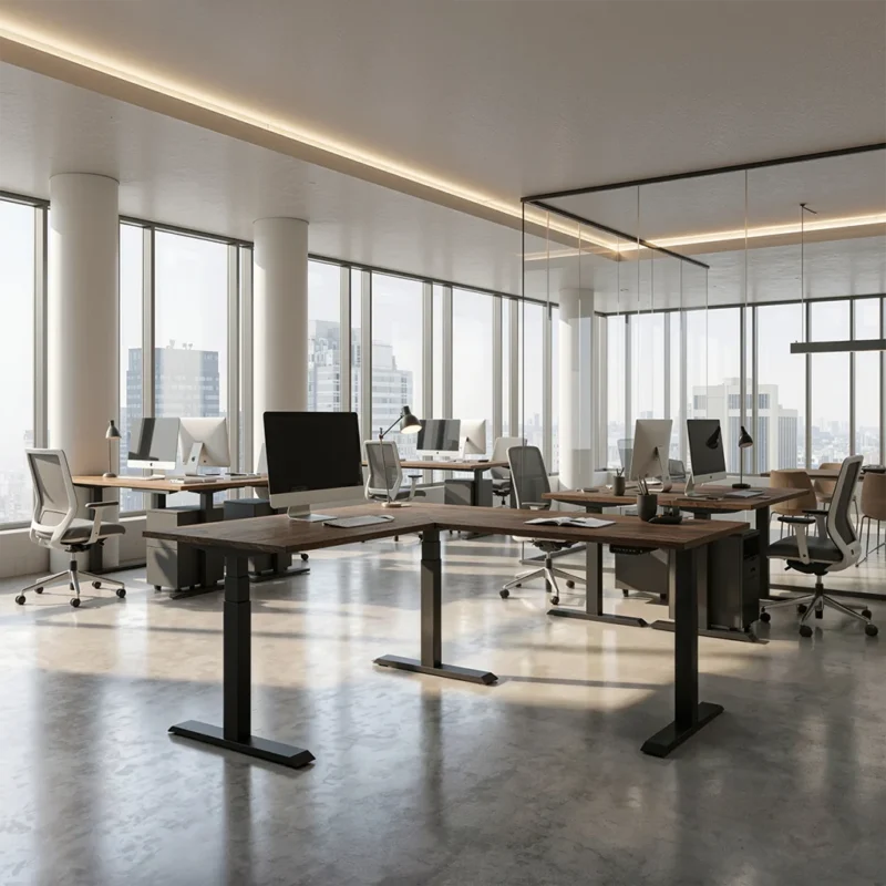 Kantoormeubilair Elektrisch zit-sta hoekbureau met zwart frame en houten blad in moderne kantooromgeving – ergonomisch elektrisch verstelbaar bureau van Second Office