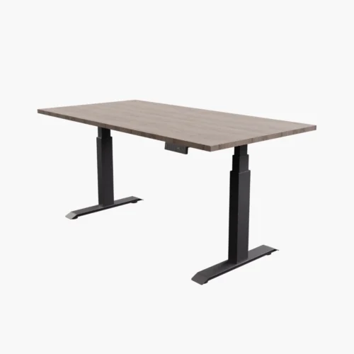 Elektrisch zit-sta bureau Basic met zwart frame en Halifax eiken blad – verstelbaar bureau voor thuis of licht zakelijk gebruik
