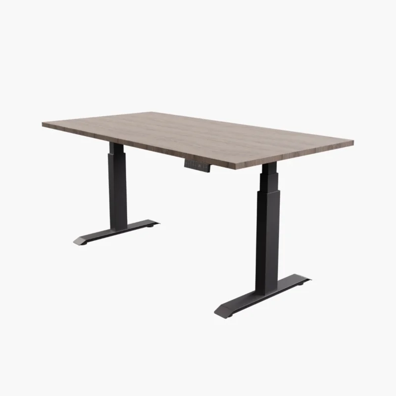 Elektrisch zit-sta bureau Basic met zwart frame en Halifax eiken blad – verstelbaar bureau voor thuis of licht zakelijk gebruik