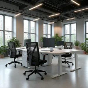 Moderne kantoorruimte met vier ergonomische werkplekken met wit zit-sta bureau, zwarte bureaustoelen en monitoren. Geleverd door Second Office - vraag een offerte kantoormeubilair