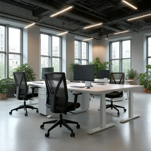 Moderne kantoorruimte met vier ergonomische werkplekken met wit zit-sta bureau, zwarte bureaustoelen en monitoren. Geleverd door Second Office - vraag een offerte kantoormeubilair