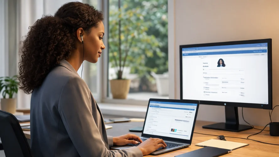 Medewerker beheert account en gegevens via laptop en extern scherm