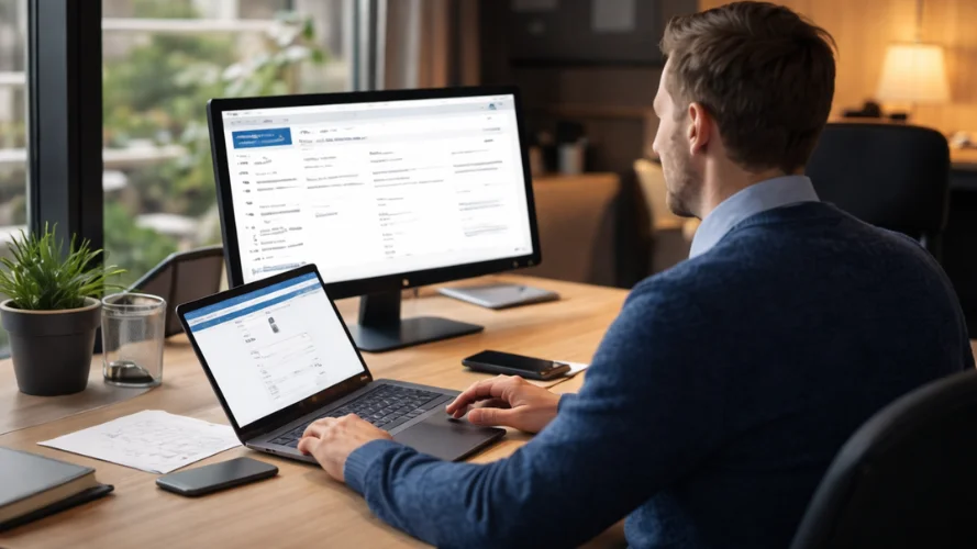 Medewerker bekijkt bestellingen en facturen via laptop en monitor in moderne werkplek