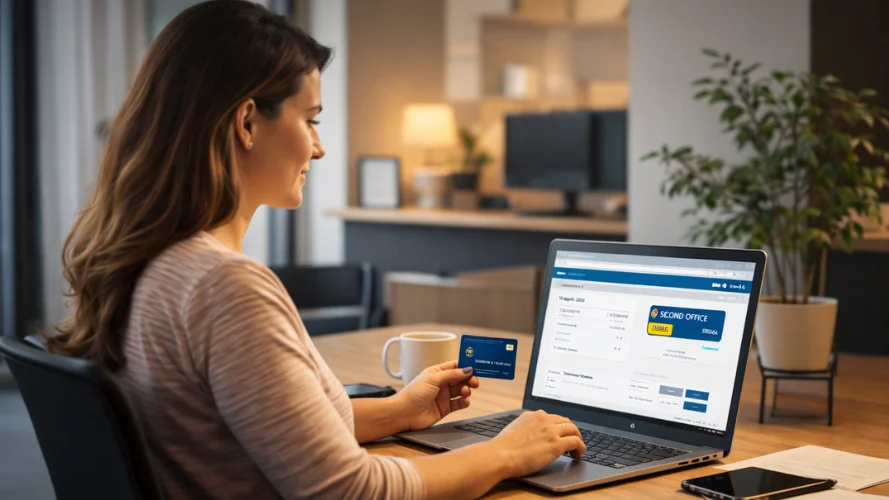 Medewerker betaalt factuur online via laptop met digitale betaalomgeving