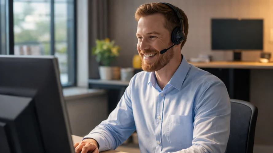 Servicedesk medewerker helpt klant via computer en headset in kantooromgeving