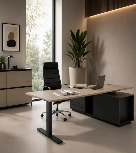Luxe directiekantoor met taupe bureau, zwarte accenten en moderne kantoorinrichting van Second Office