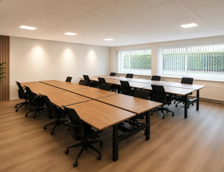Moderne kantoorinrichting met ergonomische duo werkplekken en notenhouten bureaubladen
