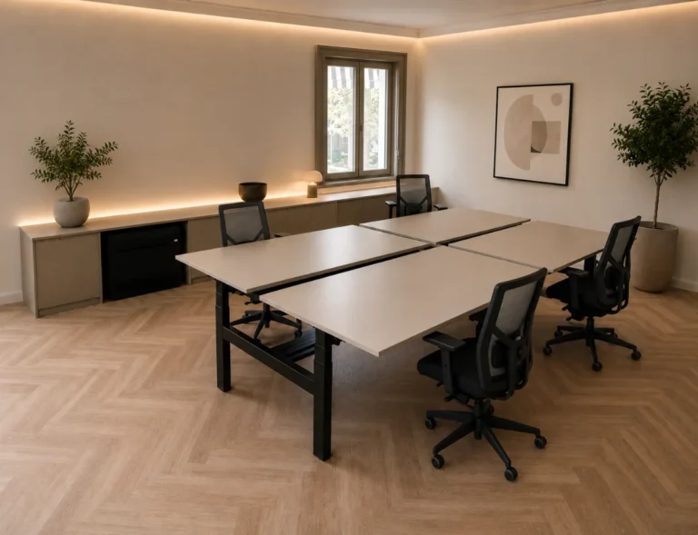 Taupe bureaubladen in moderne kantoorinrichting met zwarte zit-sta frames en ergonomische bureaustoelen